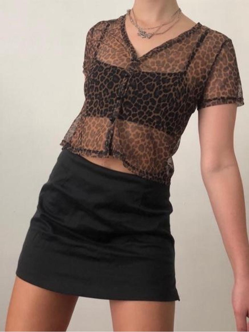 vintage 90s mesh cheetah print button up crop top by amy byer
